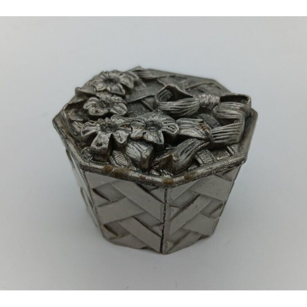 Russ Berrie Co Metal Trinket Pill Box Picnic Basket Bow Flowers Floral Octagon